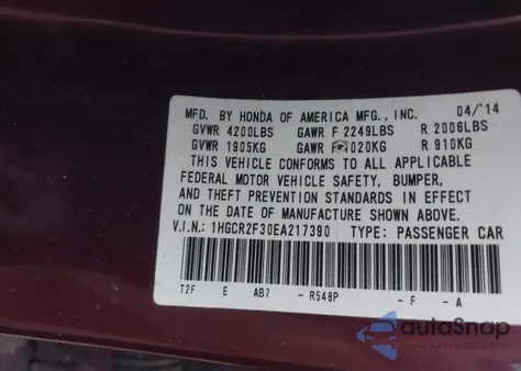 2014 Honda Accord Lx from USA, damaged, VIN 1HGCR2F30EA217390